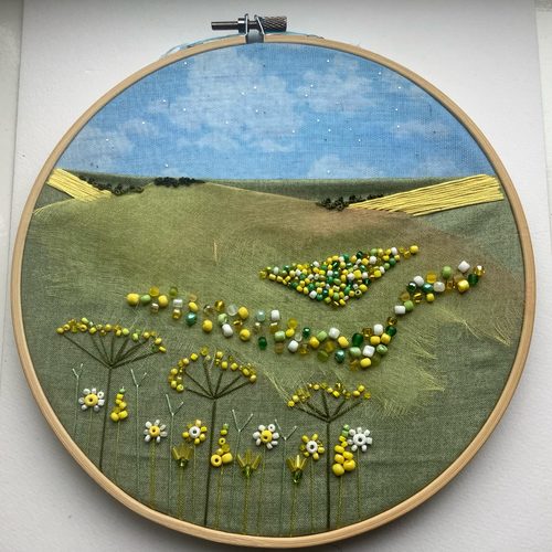 Amanda, abstract landscape, beads and embroidery.